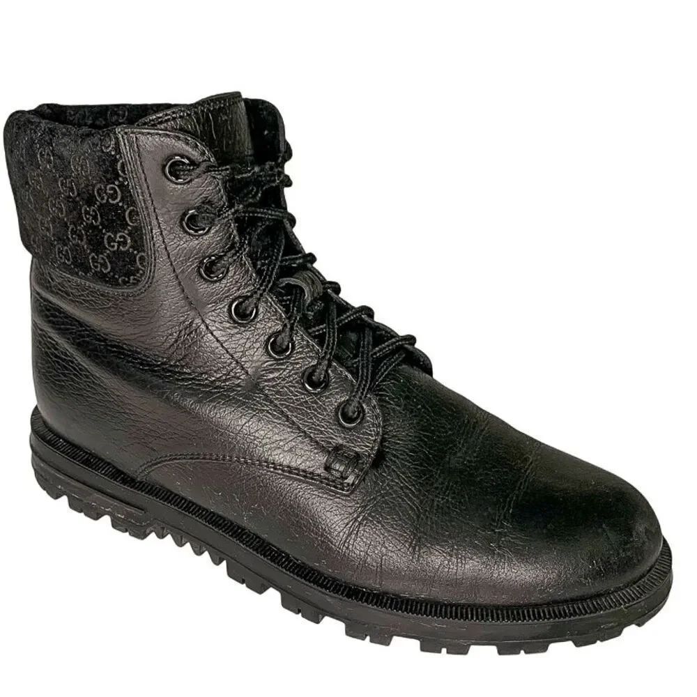 Gucci Fur Lined Combat Boots EU 37 US 7 Black Leather Lace Up MicroGG Guccissima